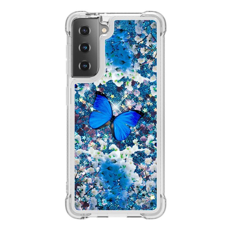 Hoesje voor Samsung Galaxy S21 Plus 5G Blauwe Glittervlinders