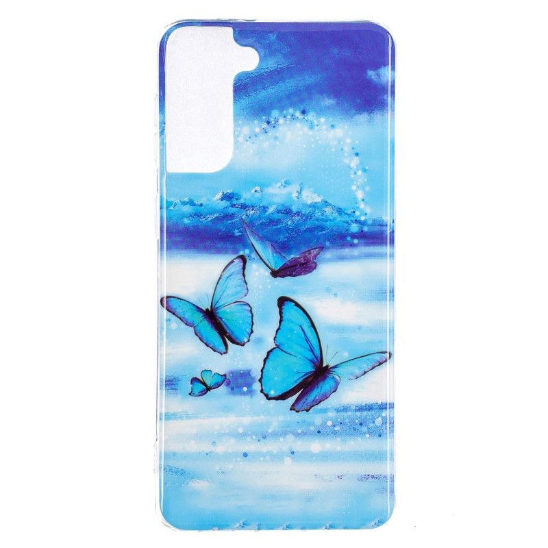 Hoesje voor Samsung Galaxy S21 Plus 5G Lichtblauw Donkerblauw Serie Fluorescerende Vlinder