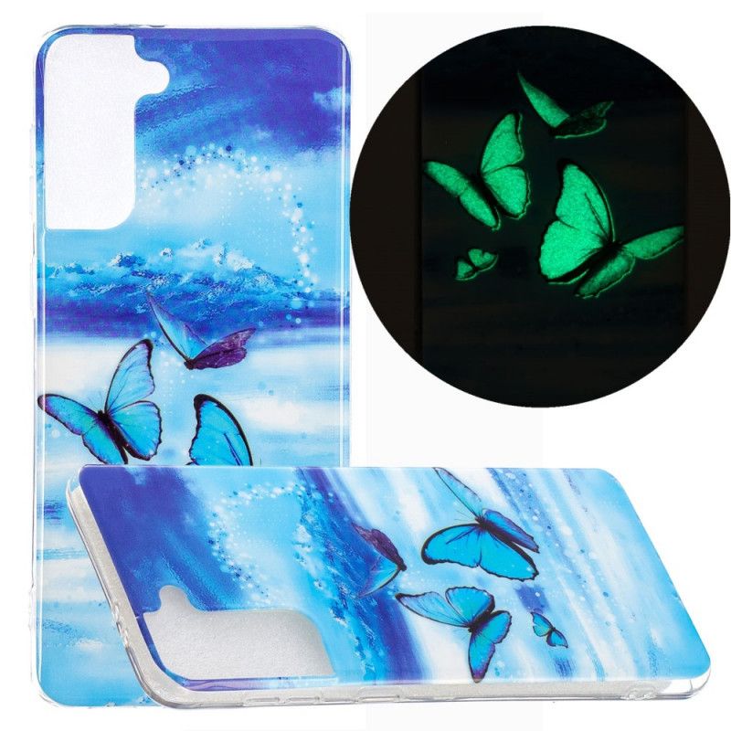 Hoesje voor Samsung Galaxy S21 Plus 5G Lichtblauw Donkerblauw Serie Fluorescerende Vlinder