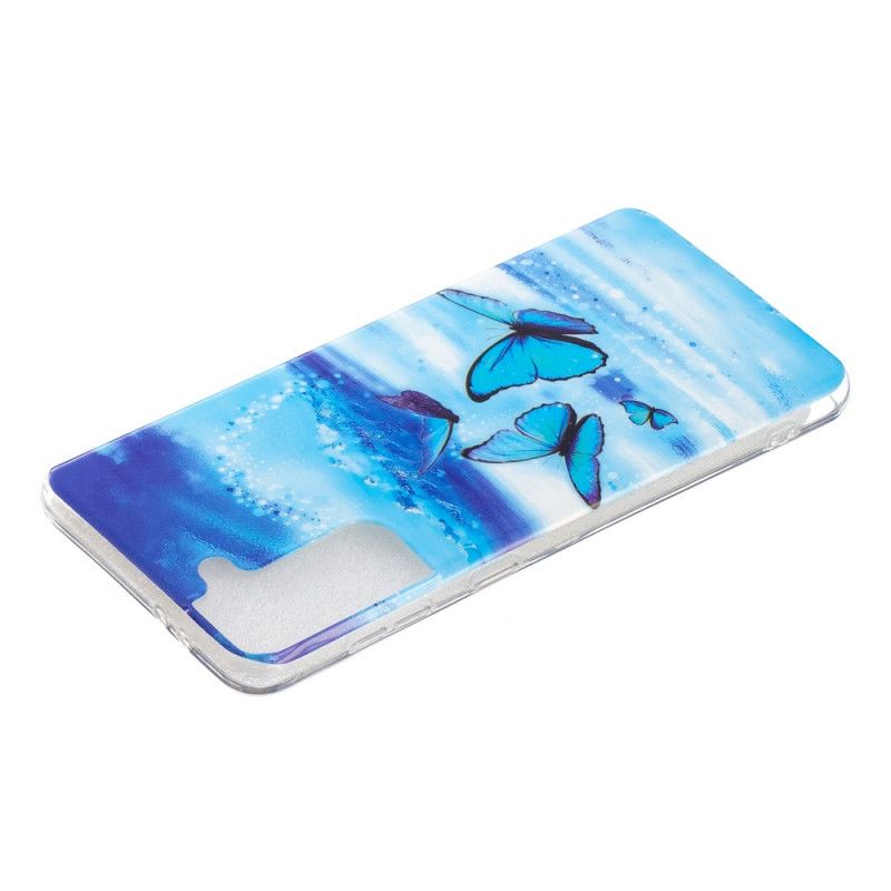 Hoesje voor Samsung Galaxy S21 Plus 5G Lichtblauw Donkerblauw Serie Fluorescerende Vlinder