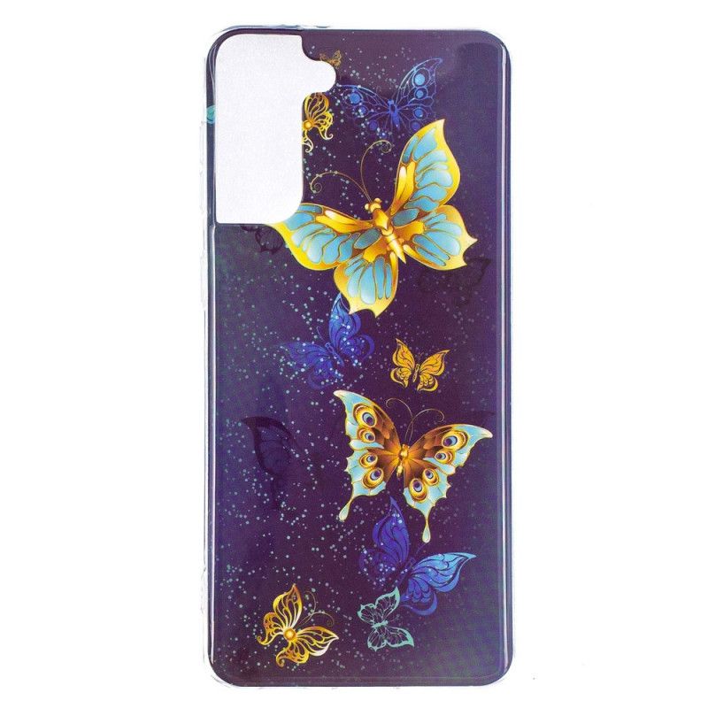 Hoesje voor Samsung Galaxy S21 Plus 5G Lichtblauw Donkerblauw Serie Fluorescerende Vlinder