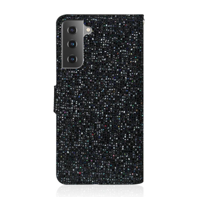 Leren Hoesje Samsung Galaxy S21 Plus 5G Donkerblauw Zwart Ontwerp Met Glitter