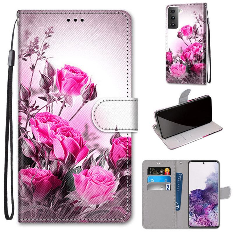 Leren Hoesje Samsung Galaxy S21 Plus 5G Goud Rood Magische Bloemen