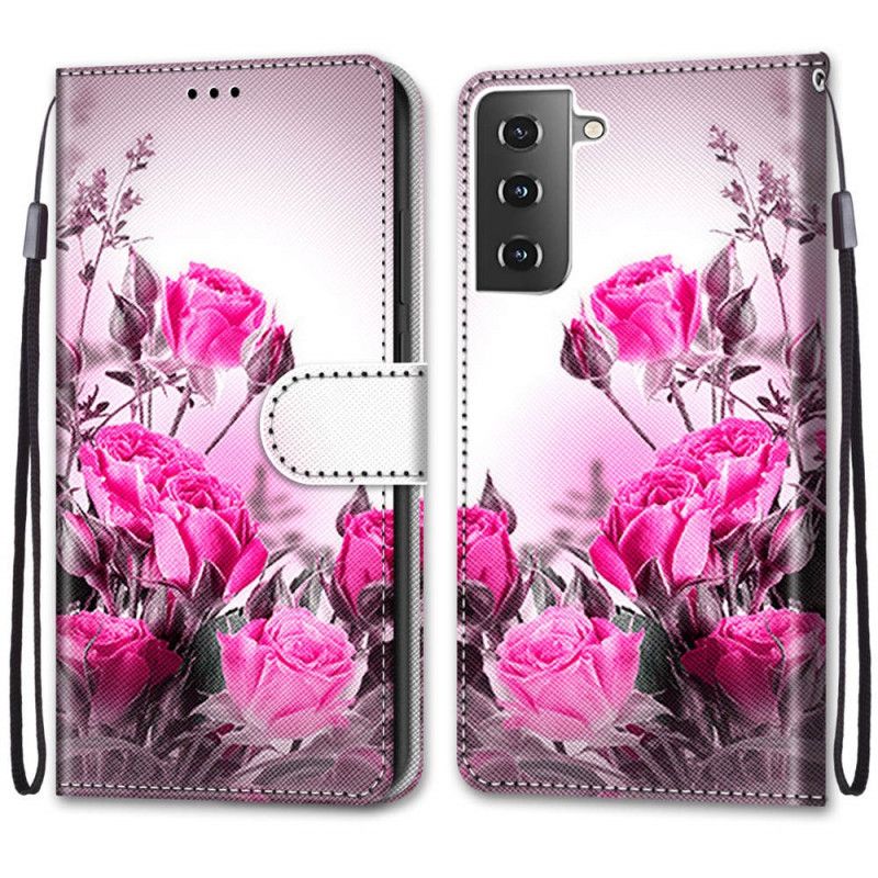 Leren Hoesje Samsung Galaxy S21 Plus 5G Goud Rood Magische Bloemen