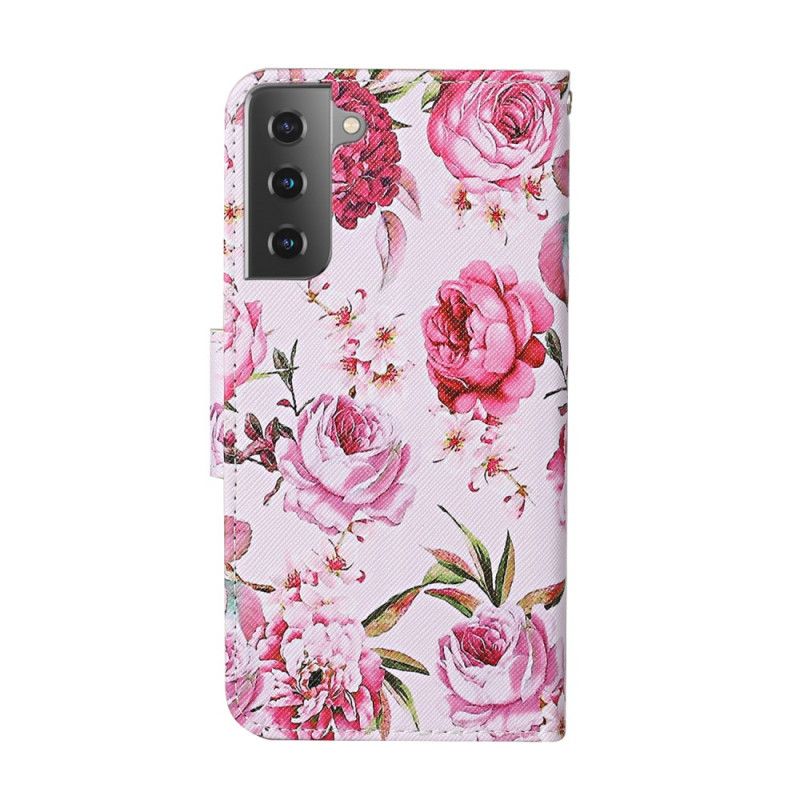 Leren Hoesje Samsung Galaxy S21 Plus 5G Lichtblauw Rood Meesterlijke Bloemen Met String