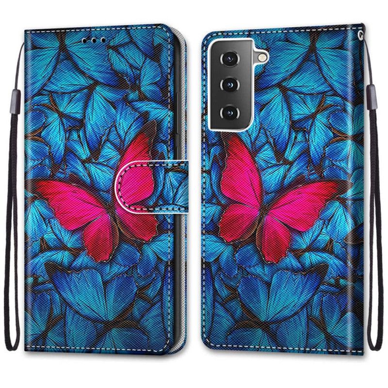 Leren Hoesje Samsung Galaxy S21 Plus 5G Rode Vlinder Op Blauwe Achtergrond