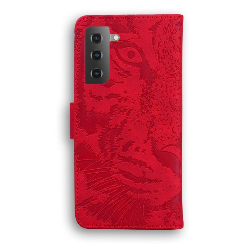 Leren Hoesje Samsung Galaxy S21 Plus 5G Rood Zwart Tijgergezicht Print