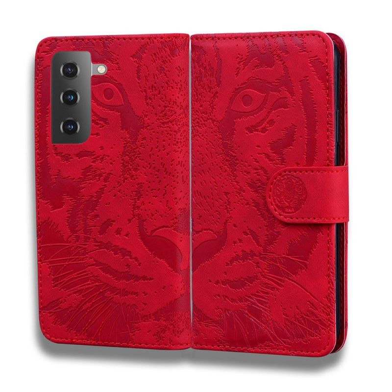 Leren Hoesje Samsung Galaxy S21 Plus 5G Rood Zwart Tijgergezicht Print