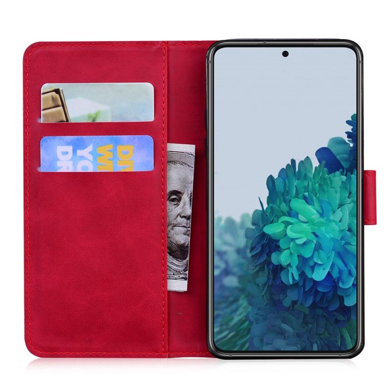 Leren Hoesje Samsung Galaxy S21 Plus 5G Rood Zwart Tijgergezicht Print