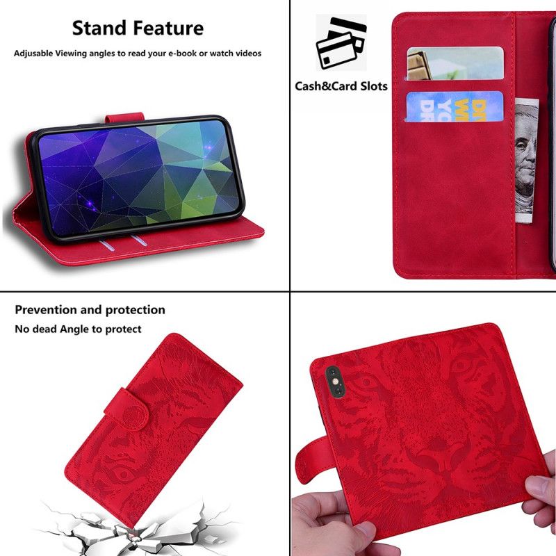 Leren Hoesje Samsung Galaxy S21 Plus 5G Rood Zwart Tijgergezicht Print