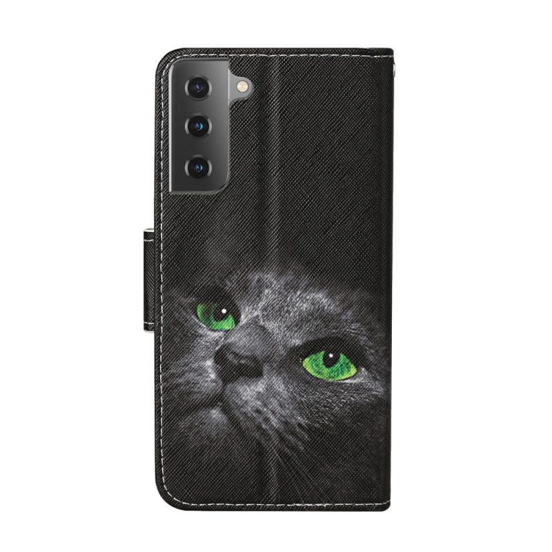 Leren Hoesje Samsung Galaxy S21 Plus 5G Telefoonhoesje Kat Met Groene Ogen Met String