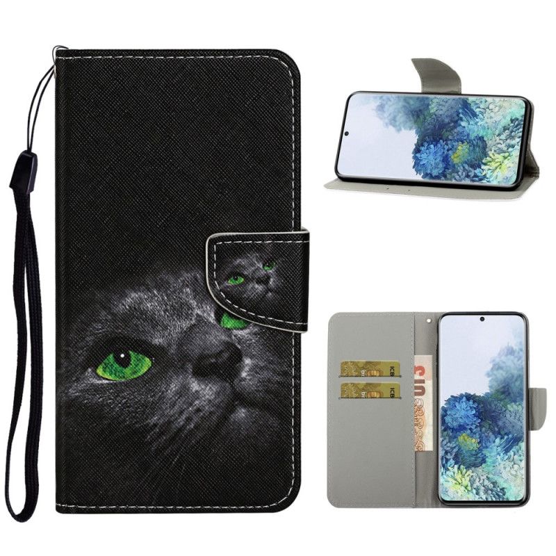 Leren Hoesje Samsung Galaxy S21 Plus 5G Telefoonhoesje Kat Met Groene Ogen Met String