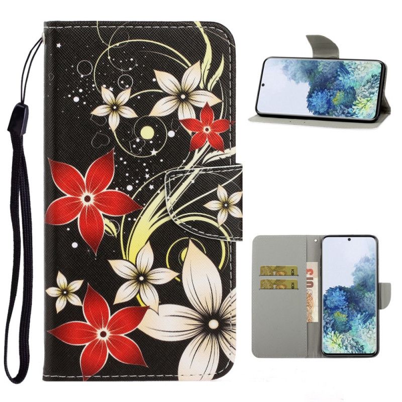 Leren Hoesje Samsung Galaxy S21 Plus 5G Telefoonhoesje Kleurrijke Bloemen Met Een Riem