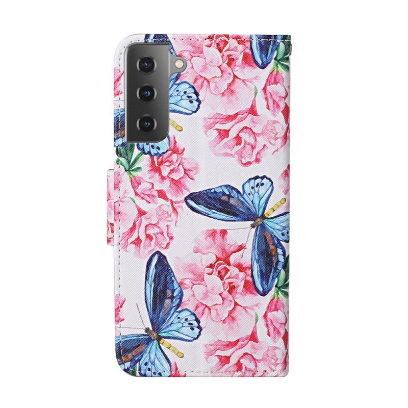 Leren Hoesje Samsung Galaxy S21 Plus 5G Wit Zwart Telefoonhoesje String Bloemenvlinders