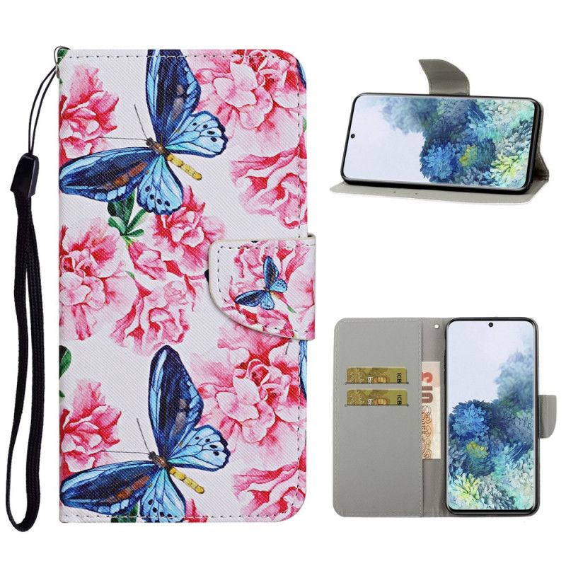 Leren Hoesje Samsung Galaxy S21 Plus 5G Wit Zwart Telefoonhoesje String Bloemenvlinders