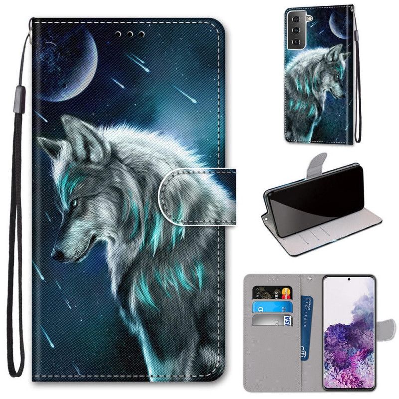 Leren Hoesje Samsung Galaxy S21 Plus 5G Wolf Onder Een Sterrenregen