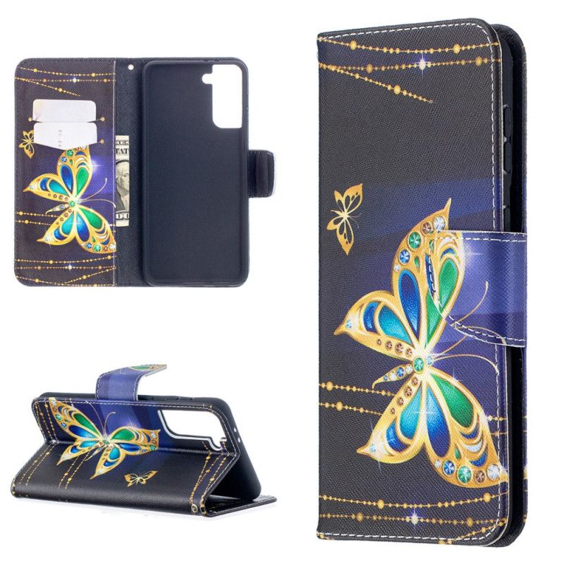 Leren Hoesje voor Samsung Galaxy S21 Plus 5G Donkerblauw Zwart Koningen Vlinders