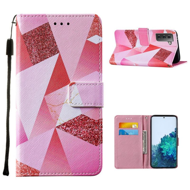 Leren Hoesje voor Samsung Galaxy S21 Plus 5G Magenta Driehoeken En Glitter