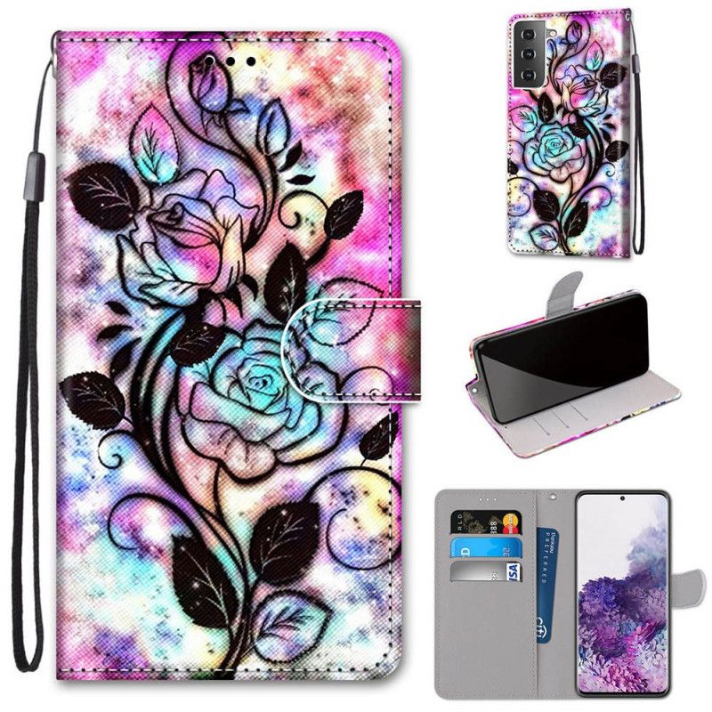 Leren Hoesje voor Samsung Galaxy S21 Plus 5G Neonbloemen