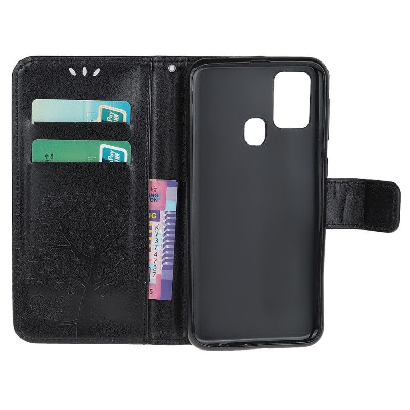 Cover Folio-hoesje Samsung Galaxy M21 Grijs Zwart Telefoonhoesje Boom En String Uilen