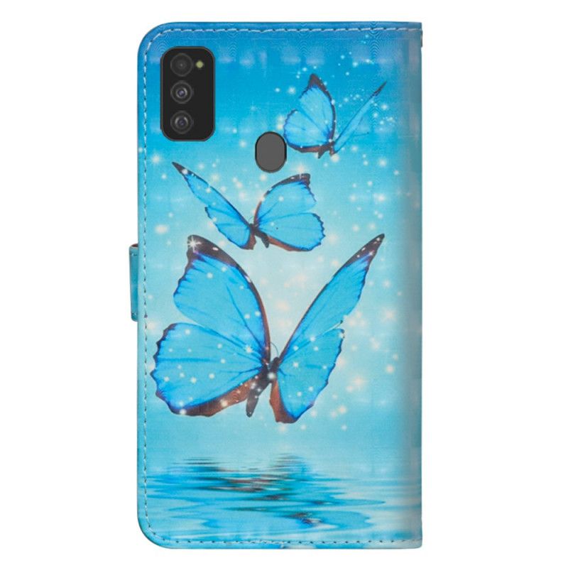 Flip Case Leren Samsung Galaxy M21 Vliegende Blauwe Vlinders