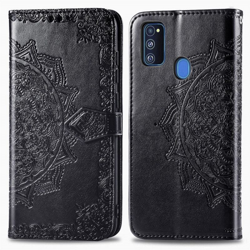 Leren Hoesje voor Samsung Galaxy M21 Grijs Zwart Mandala Van Middelbare Leeftijd