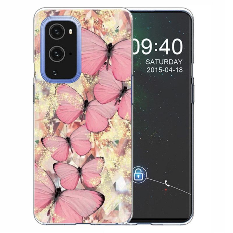 Hoesje voor OnePlus 9 Paars Roze Vlinders Vlinders