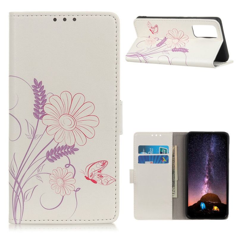 Leren Hoesje OnePlus 9 Vlinders En Bloemen Tekenen