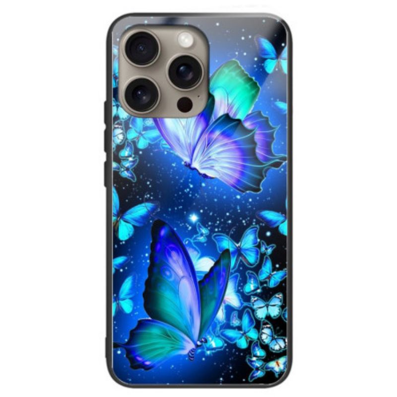 Case Hoesje iPhone 16 Pro Telefoonhoesje Blauwe Vlinders Van Gehard Glas