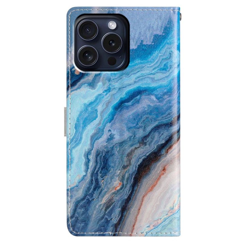 Flip Case Leren iPhone 16 Pro Blauw Marmer Met Riem