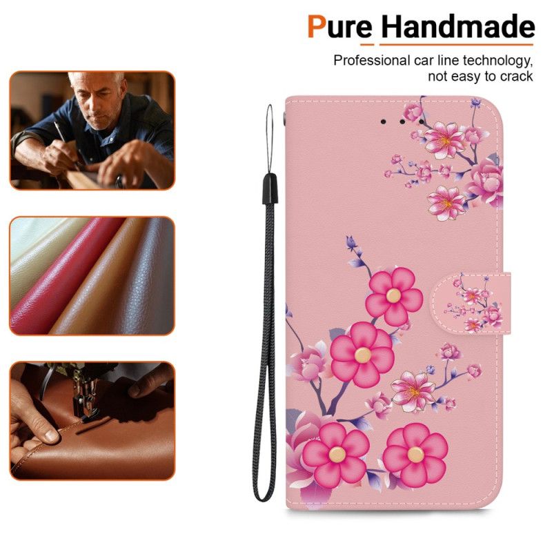 Flip Case Leren iPhone 16 Pro Sakura-patroon Met Riem