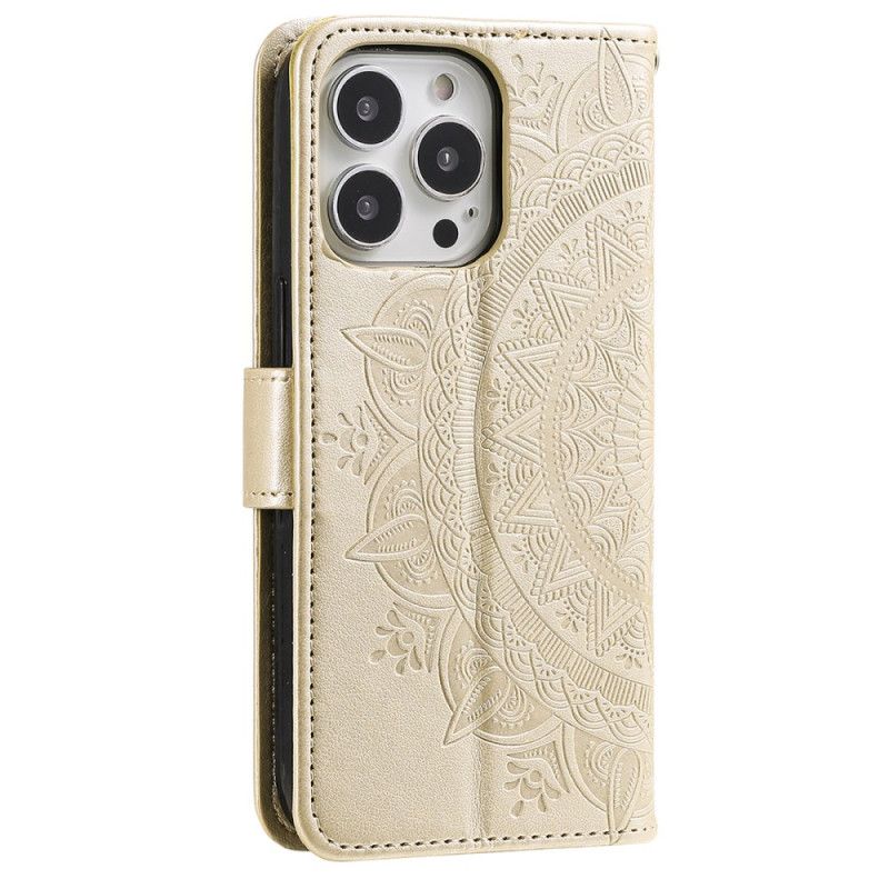 Folio-hoesje iPhone 16 Pro Telefoonhoesje Mandala Zon Met Riem