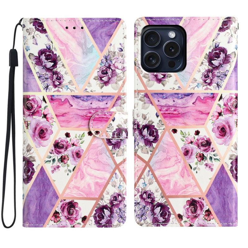 Folio-hoesje iPhone 16 Pro Telefoonhoesje Paarse Bloemen Met Riempje