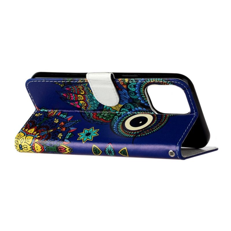 Leren Hoesje iPhone 16 Pro Blauwe Uil Met Riem Bescherming Hoesje