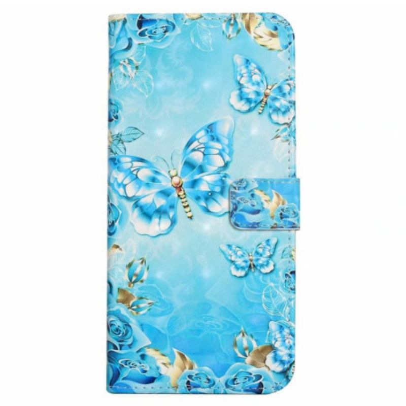 Leren Hoesje iPhone 16 Pro Blauwe Vlinders Bescherming Hoesje