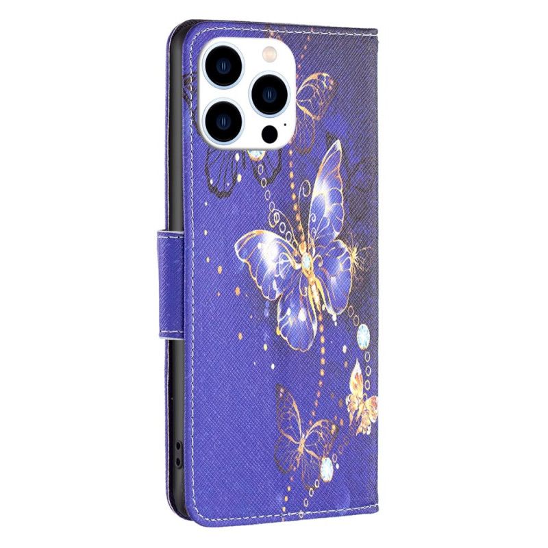 Leren Hoesje iPhone 16 Pro Paarse Vlinders Bescherming Hoesje