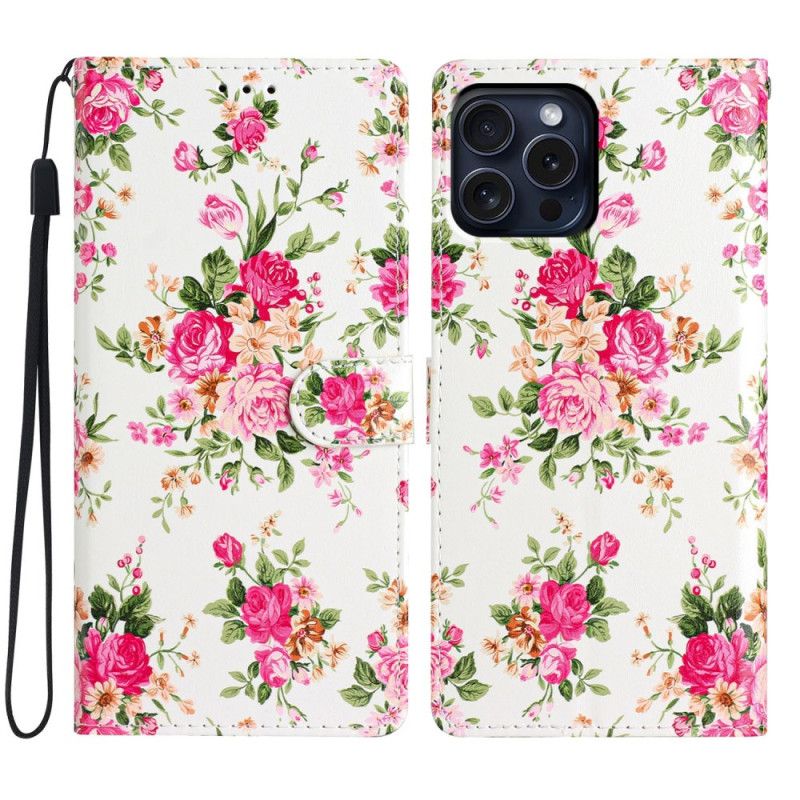 Leren Hoesje iPhone 16 Pro Rode Bloemen Met Riem