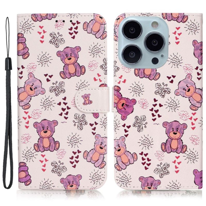 Leren Hoesje iPhone 16 Pro Teddybeerpatroon Met Riempje Bescherming Hoesje