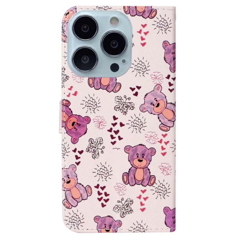 Leren Hoesje iPhone 16 Pro Teddybeerpatroon Met Riempje Bescherming Hoesje