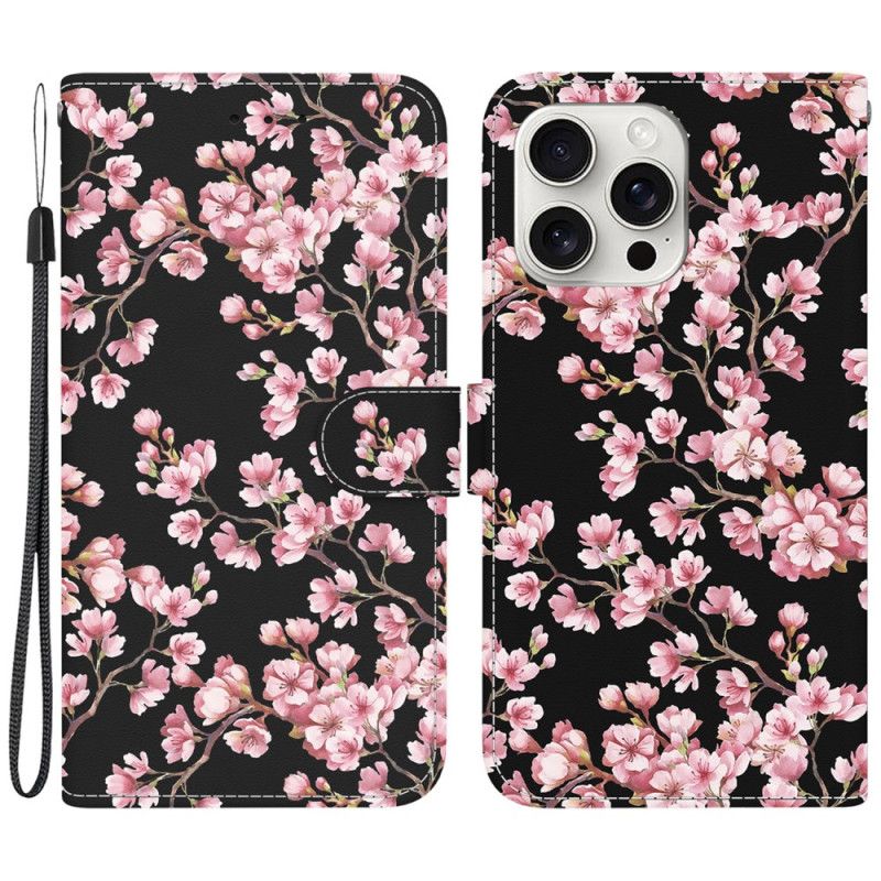 Leren Hoesje iPhone 16 Pro Vastgebonden Pruimenbloesems Bescherming Hoesje