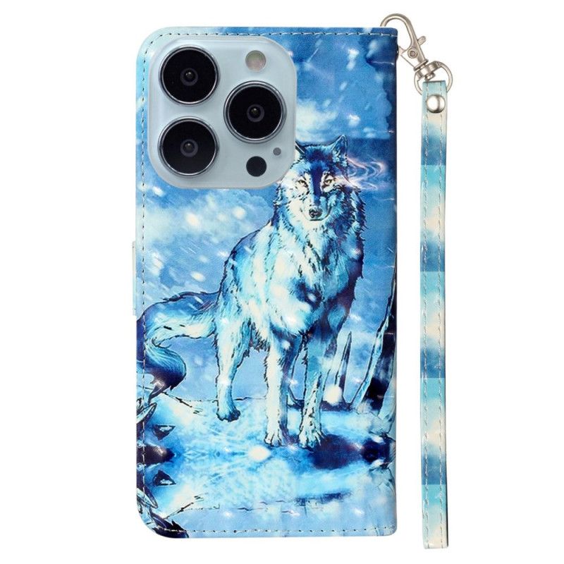 Leren Hoesje iPhone 16 Pro Vastgebonden Sneeuwwolf Bescherming Hoesje