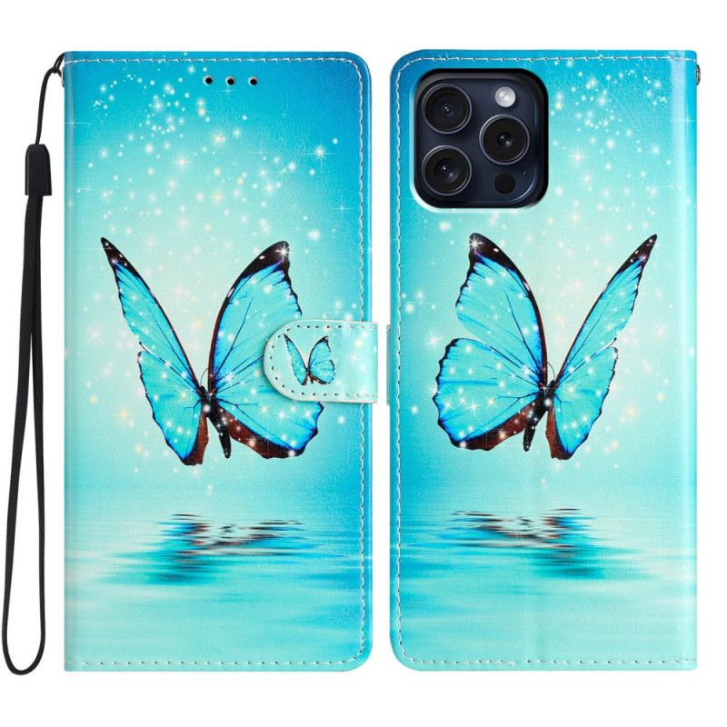 Leren Hoesje iPhone 16 Pro Vlinder Op Water Met Riem Bescherming Hoesje