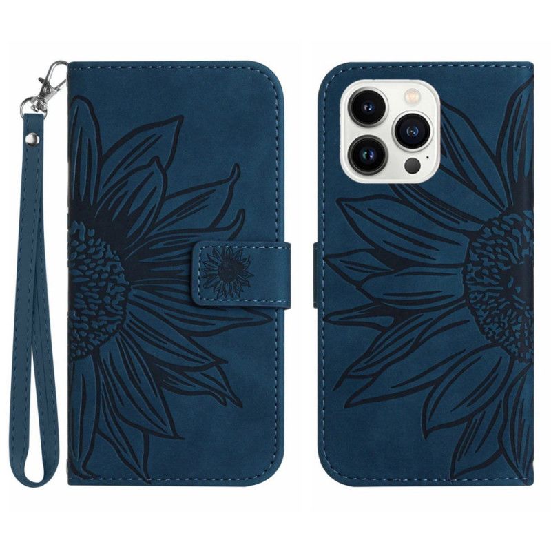 Leren Hoesje iPhone 16 Pro Zonnebloemprint Met Riempje Bescherming Hoesje