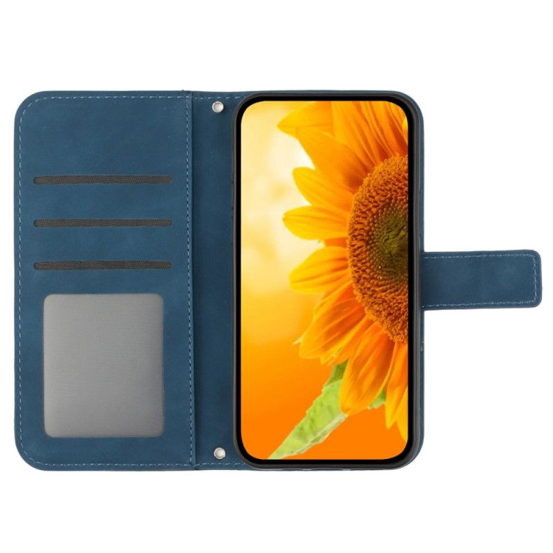 Leren Hoesje iPhone 16 Pro Zonnebloemprint Met Riempje Bescherming Hoesje