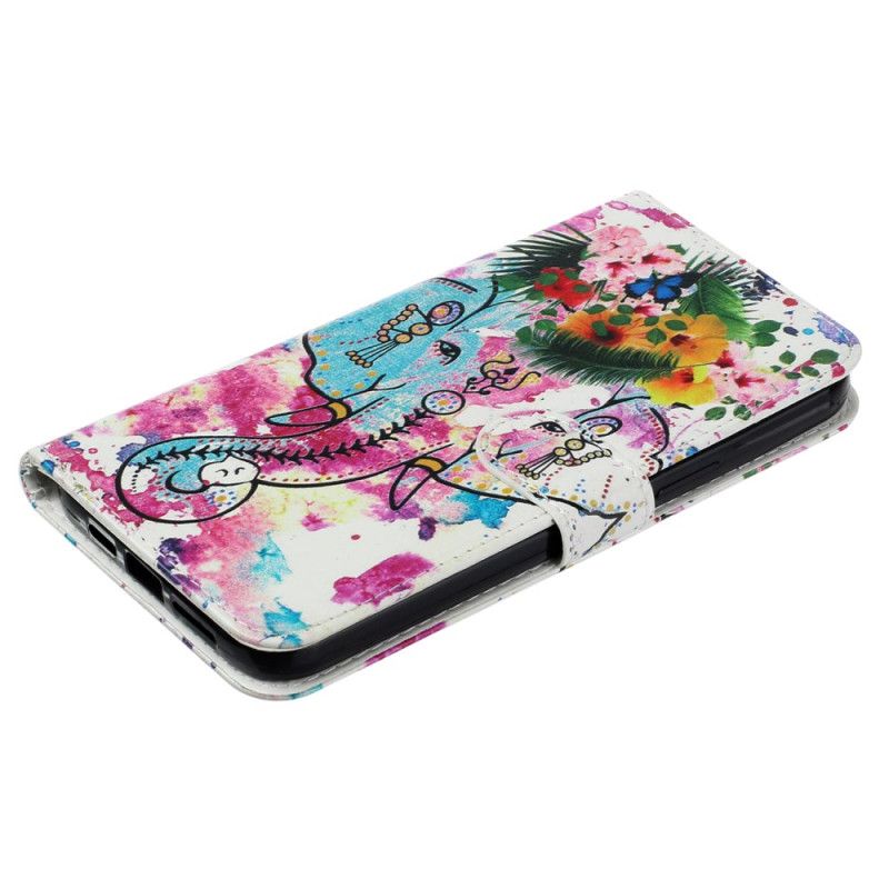 Leren Hoesje Voor iPhone 16 Pro Bloemenolifant Met Riem