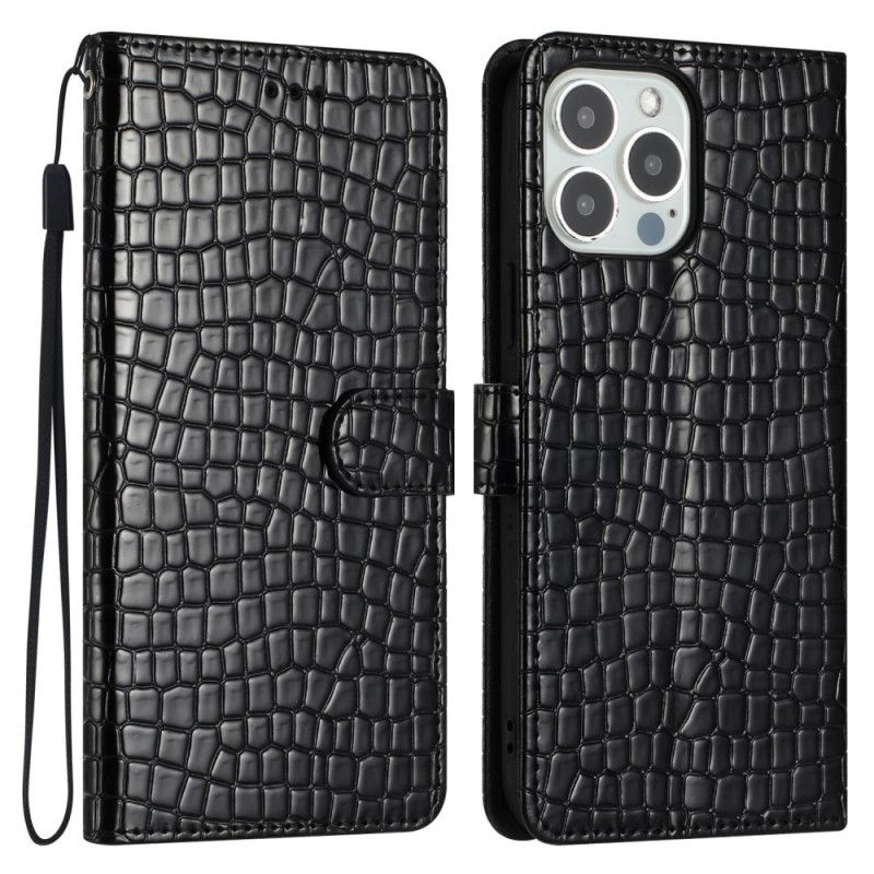 Leren Hoesje Voor iPhone 16 Pro Krokodilstijl Met Riem