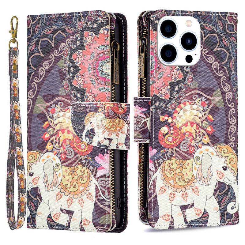 Leren Hoesje Voor iPhone 16 Pro Tribal Olifant Portemonnee