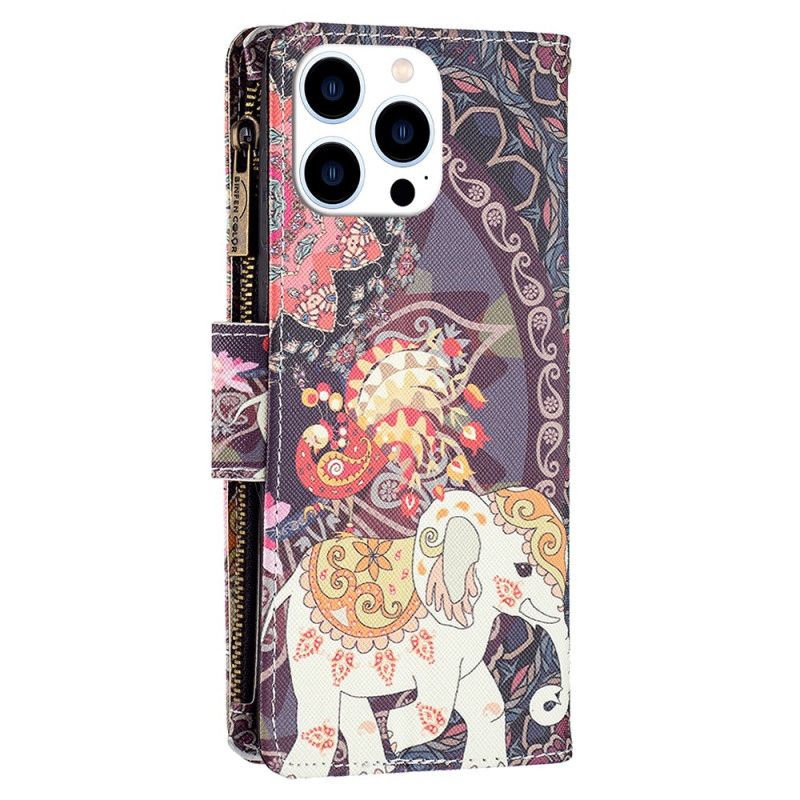 Leren Hoesje Voor iPhone 16 Pro Tribal Olifant Portemonnee