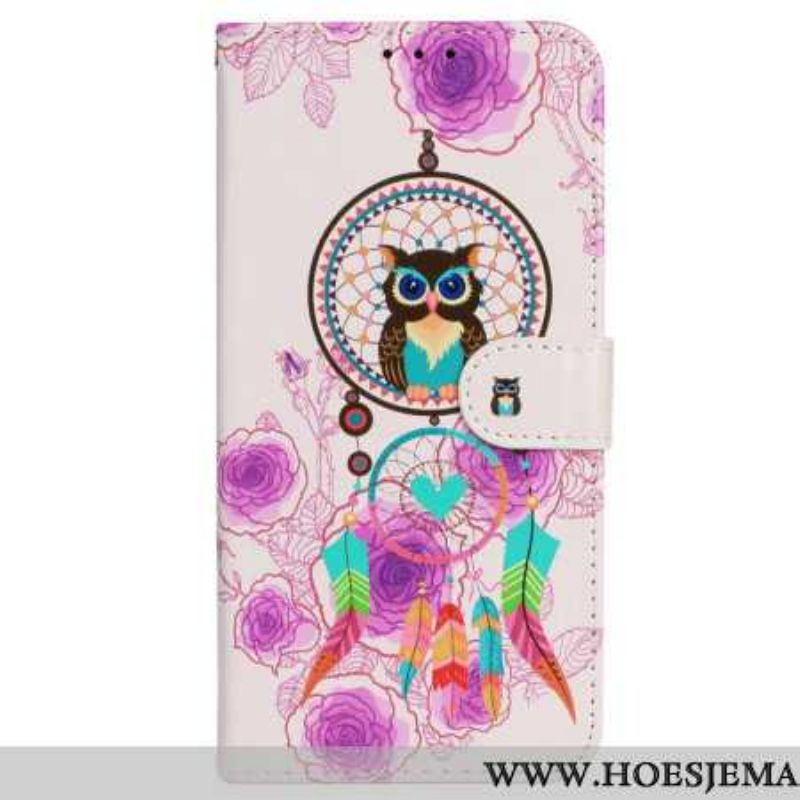 Leren Hoesje Voor iPhone 16 Pro Uil Dromenvanger Met Riem