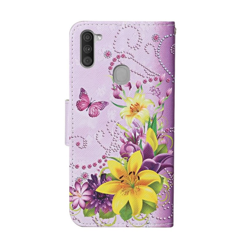 Cover Folio-hoesje Samsung Galaxy M11 Lichtblauw Magenta Telefoonhoesje Meesterlijke Bloemen Met String